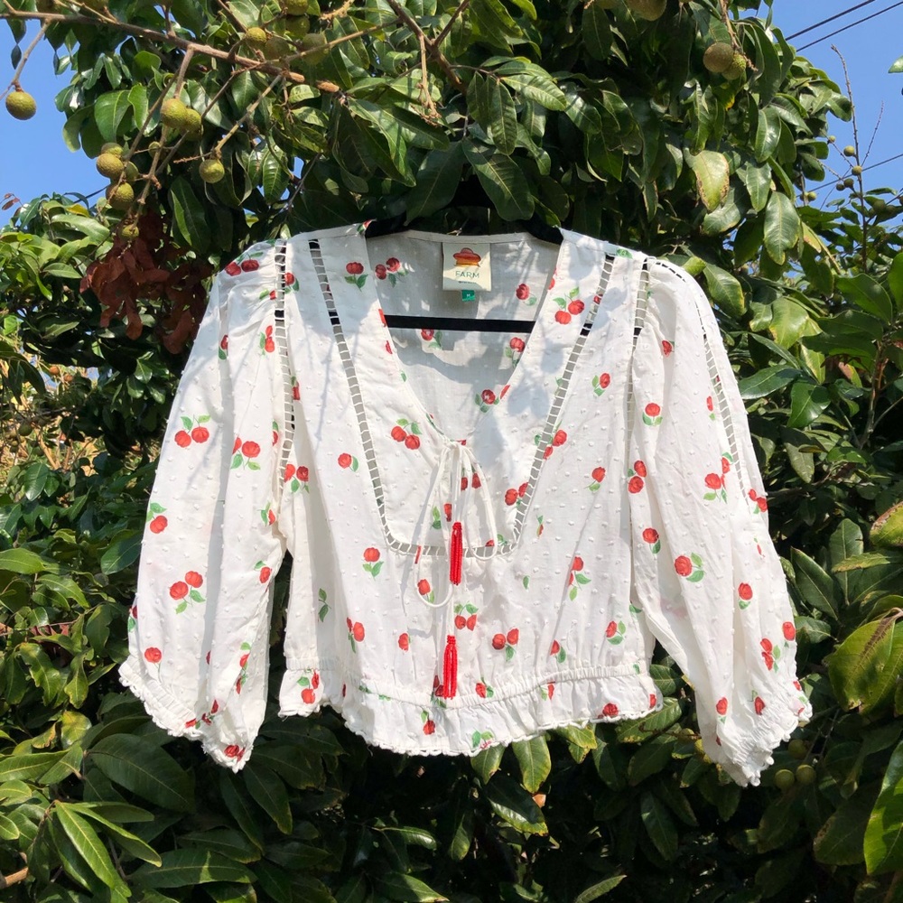 Farm Rio Pitanga Tie Neck Blouse Off white cherry print dot peasant blouse